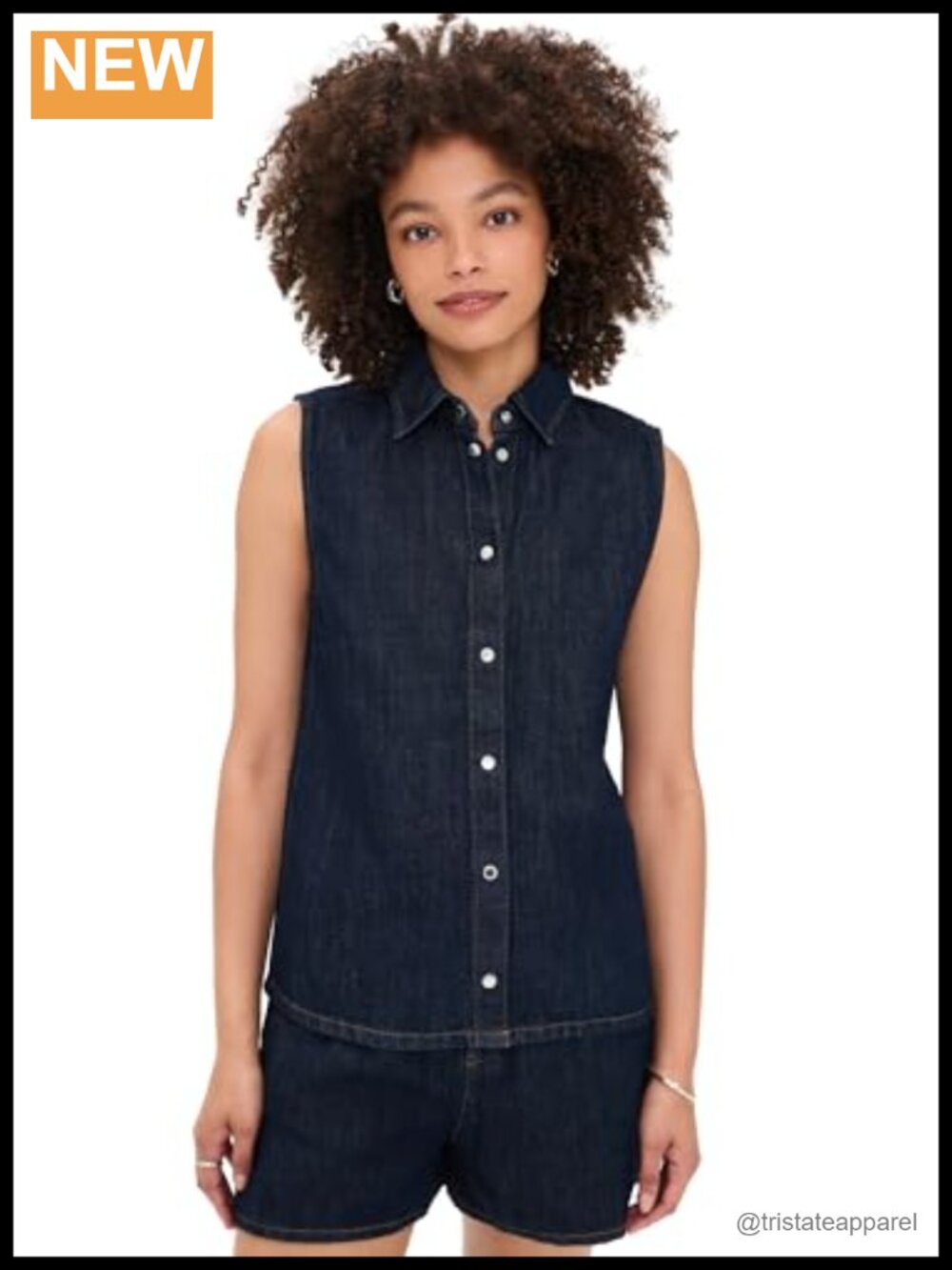 Sleeveless Denim Shirt with Collared Neck and Snap Placket